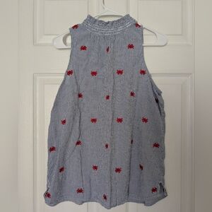 Crown & Ivy Blue And White Striped Top with Red Embroidered Crabs Size Medium